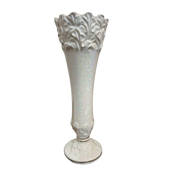 Vintage Norcrest Japan Iridescent White Ceramic Vase Floral Embossed 7" Tall - Picture 1 of 6